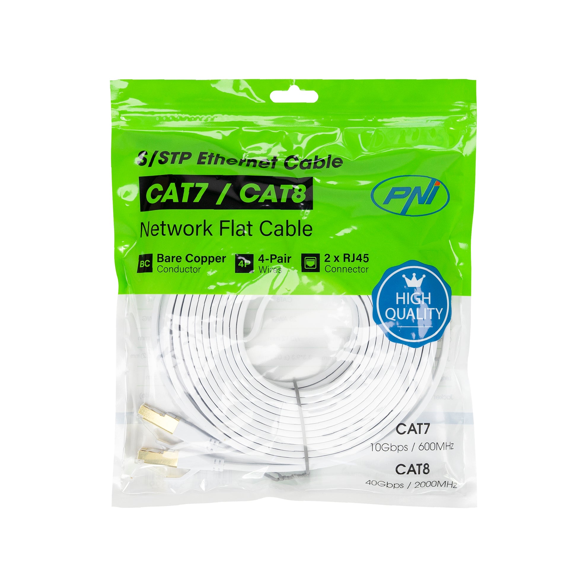 Cablu de retea plat S/STP CAT8 PNI U8075W, 2 x RJ45, 4 perechi de fire, 28AWG, cupru, 40 Gbps, 2000 MHz, 7.5m, alb