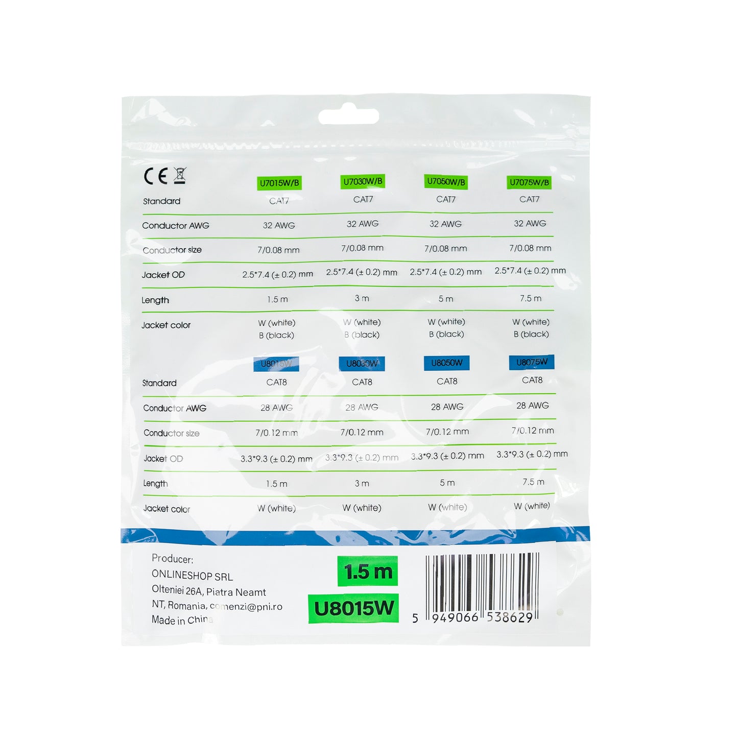 Cablu de retea plat S/STP CAT8 PNI U8015W, Patch, 2 x RJ45, 4 perechi de fire, 28AWG, cupru, 40 Gbps, 2000 MHz, 1.5m, alb