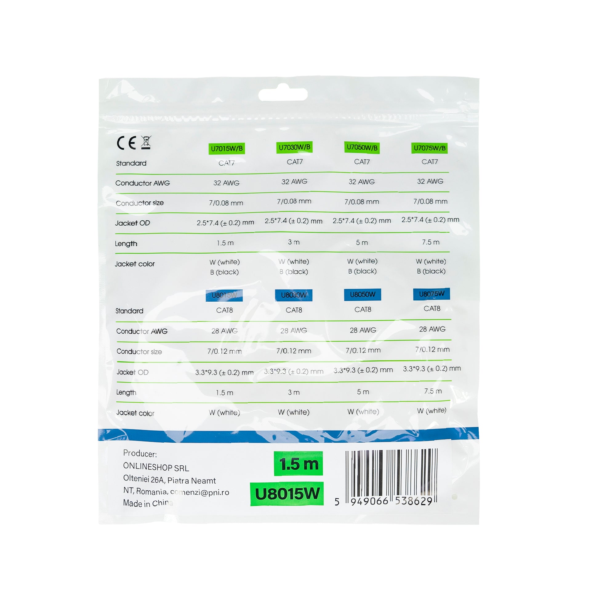 Cablu de retea plat S/STP CAT8 PNI U8015W, Patch, 2 x RJ45, 4 perechi de fire, 28AWG, cupru, 40 Gbps, 2000 MHz, 1.5m, alb