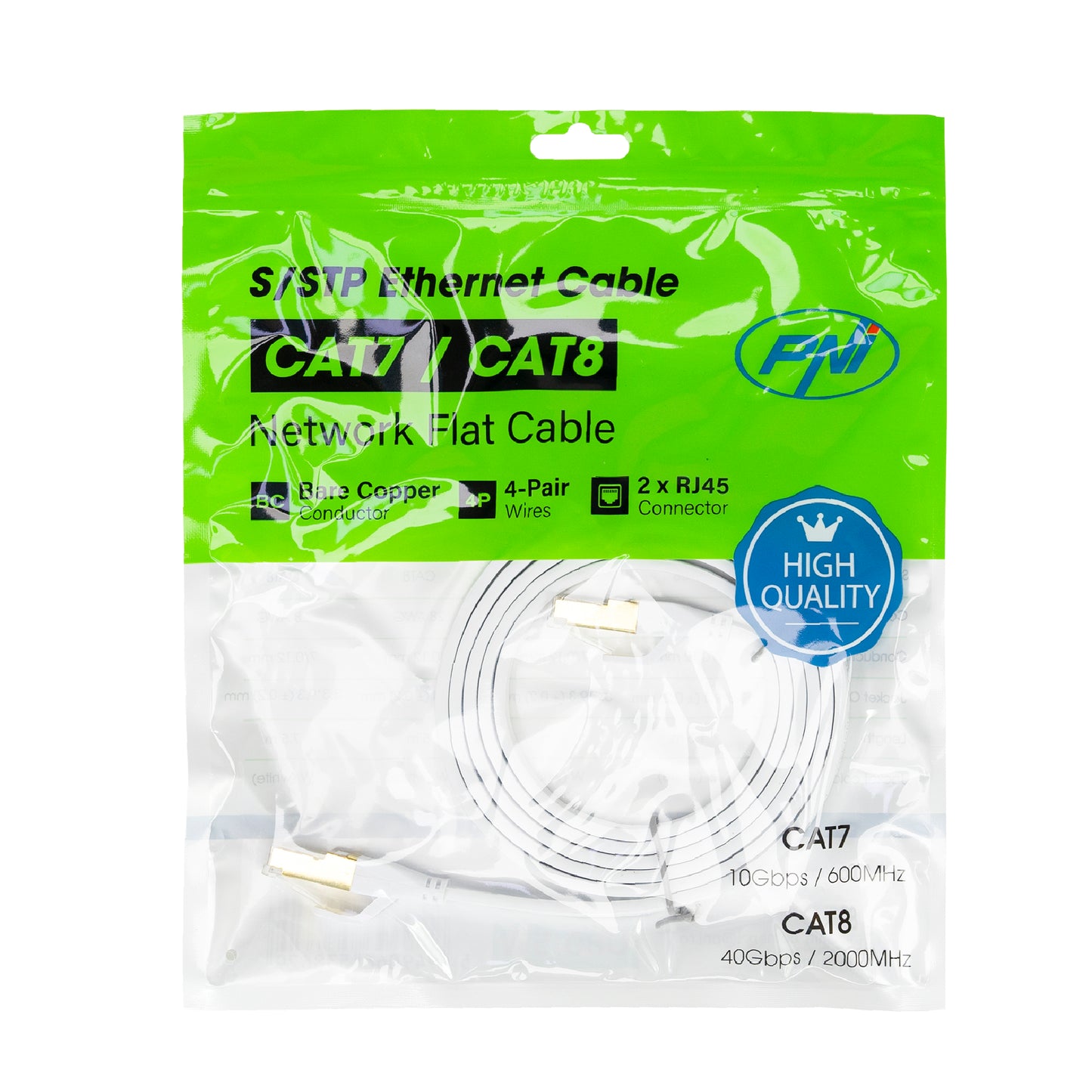 Cablu de retea plat S/STP CAT8 PNI U8015W, Patch, 2 x RJ45, 4 perechi de fire, 28AWG, cupru, 40 Gbps, 2000 MHz, 1.5m, alb