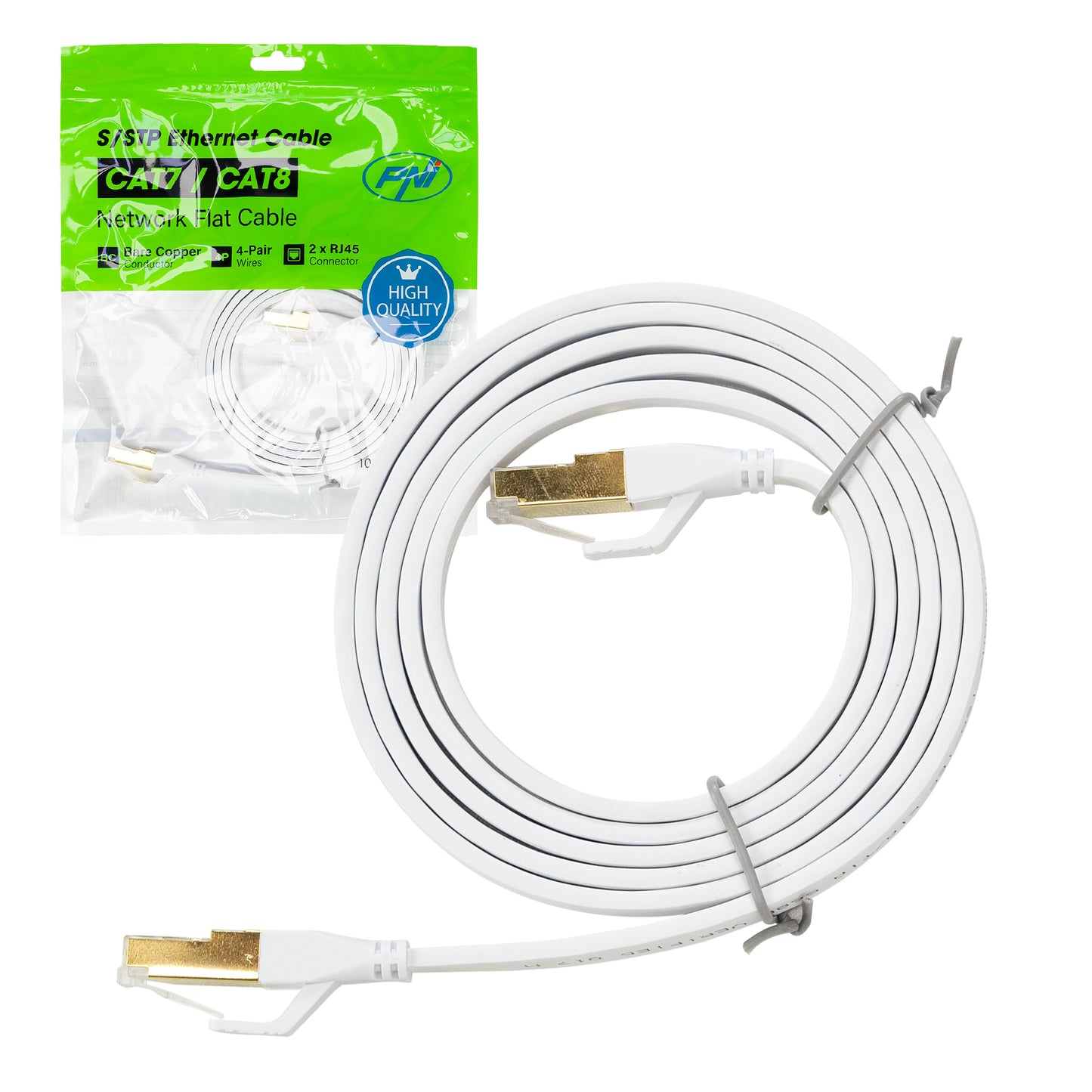 Cablu de retea plat S/STP CAT8 PNI U8015W, Patch, 2 x RJ45, 4 perechi de fire, 28AWG, cupru, 40 Gbps, 2000 MHz, 1.5m, alb