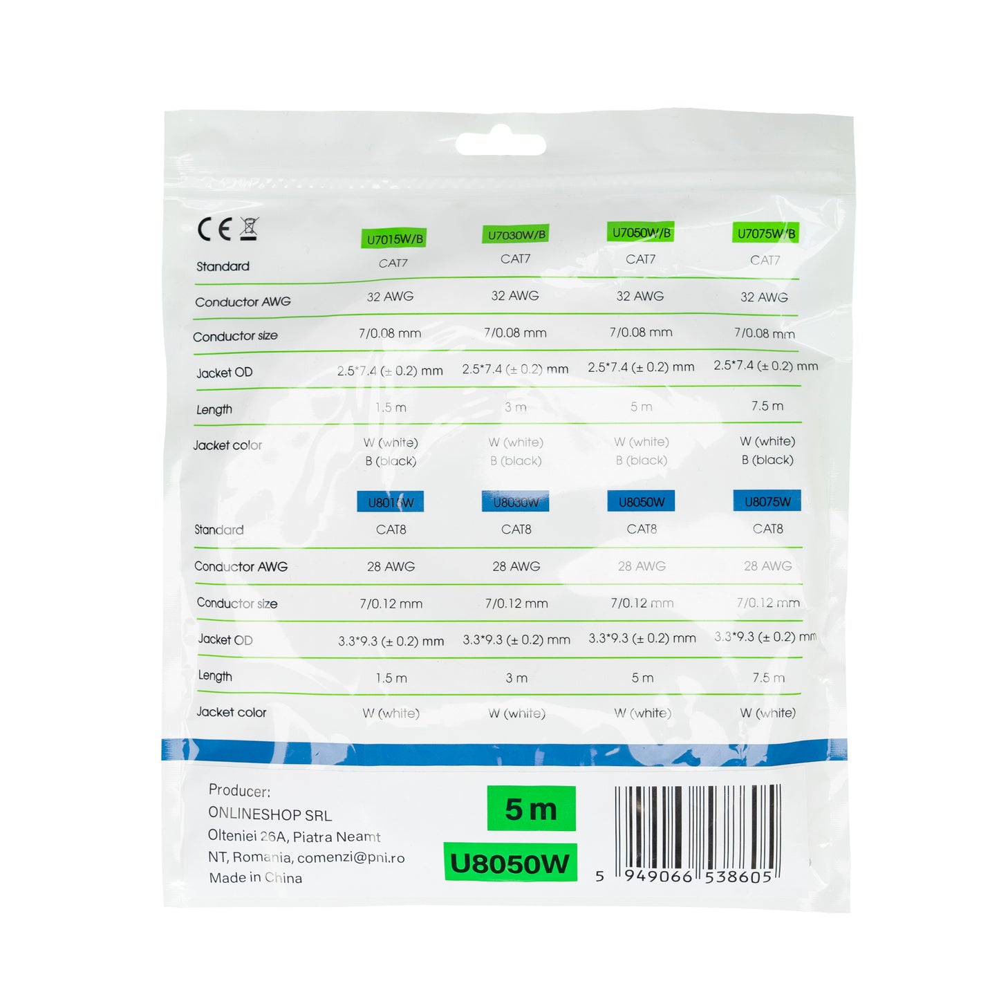 Cablu de retea plat S/STP CAT8 PNI U8050W, 2 x RJ45, 4 perechi de fire, 28AWG, cupru, 40 Gbps, 2000 MHz, 5m, alb