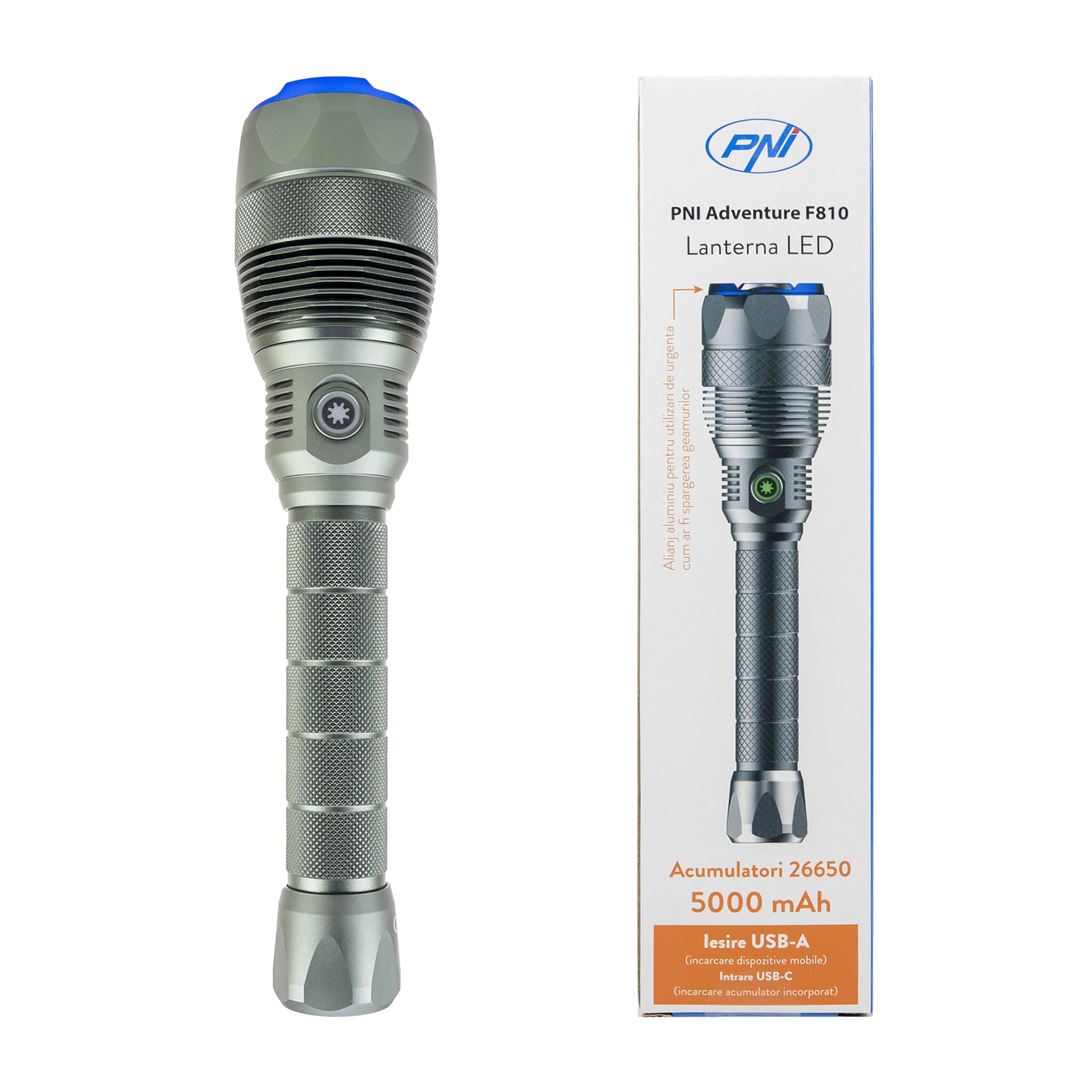 Lanterna PNI Adventure F810 cu LED 138 W, 3 niveluri iluminare plus Turbo, 12000 lumeni, zoom, pana la 250 m, acumulator 5000 mAh, IPX7, functie Power BanK
