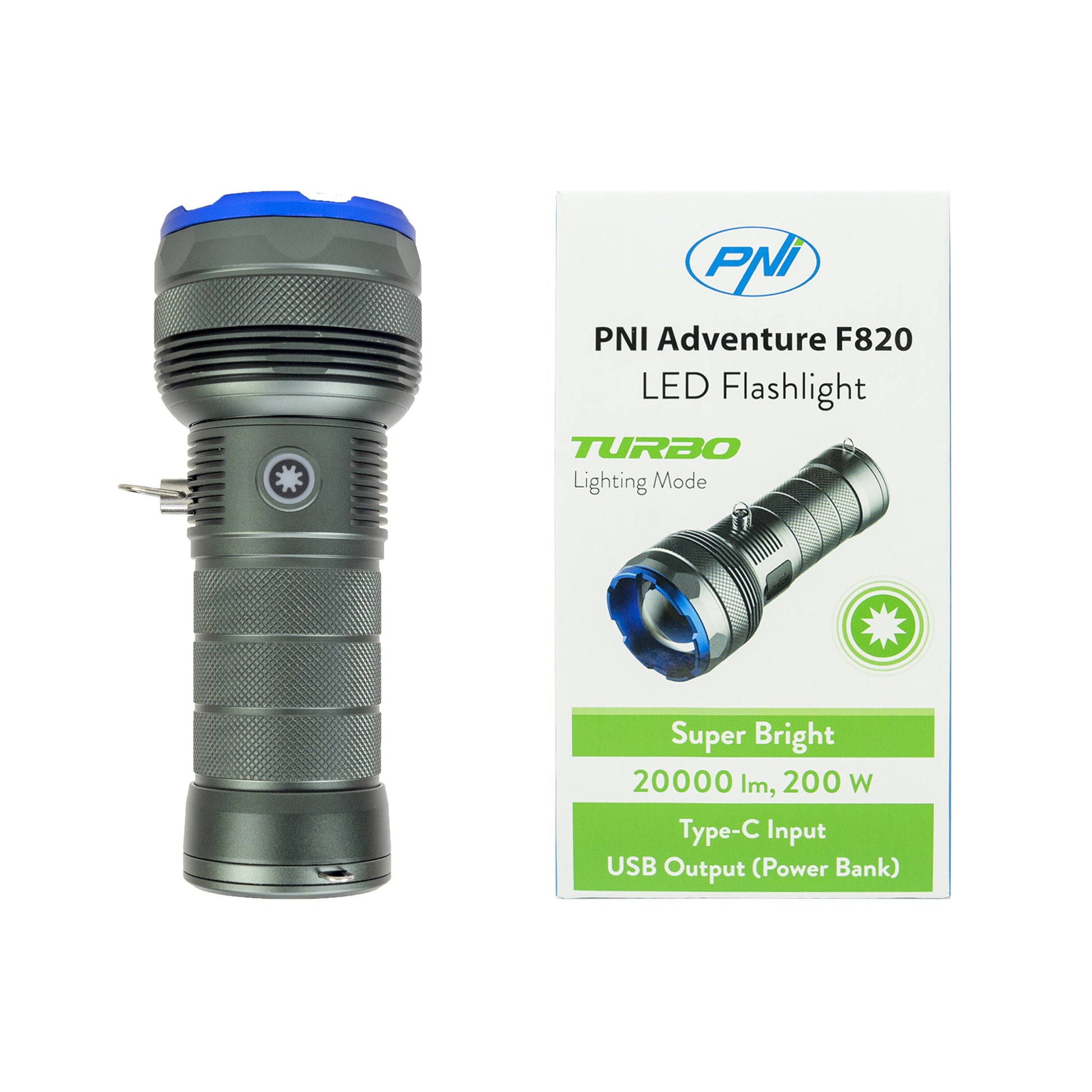 Lanterna PNI Adventure F820  200 W, 3 niveluri iluminare plus Turbo, 20000 lumeni, pana la 350 m, acumulator 2600 mAh, IPX7, functie Power BanK