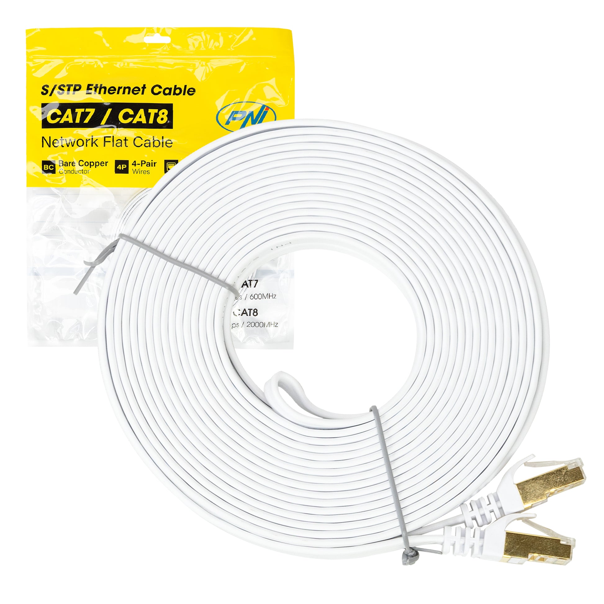 Cablu de retea plat S/STP CAT7 PNI U7100W, 2 x RJ45, 4 perechi de fire, 32AWG, cupru, 10 Gbps, 600 MHz, 10m, alb