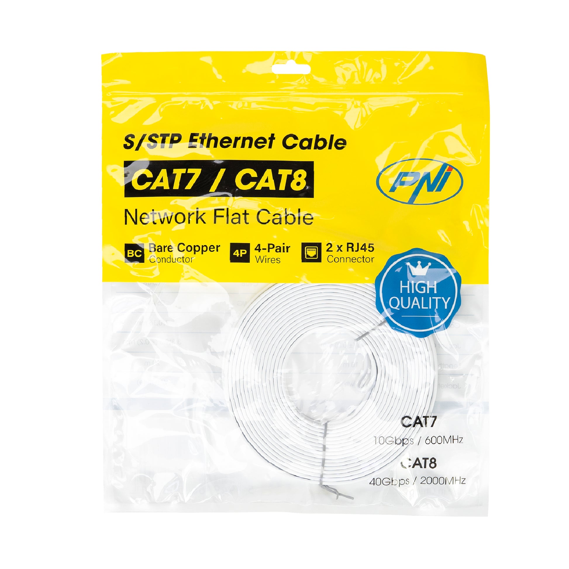 Cablu de retea plat S/STP CAT7 PNI U7100W, 2 x RJ45, 4 perechi de fire, 32AWG, cupru, 10 Gbps, 600 MHz, 10m, alb