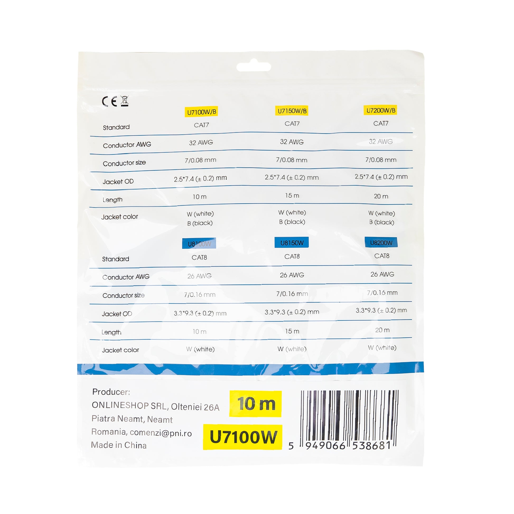 Cablu de retea plat S/STP CAT7 PNI U7100W, 2 x RJ45, 4 perechi de fire, 32AWG, cupru, 10 Gbps, 600 MHz, 10m, alb