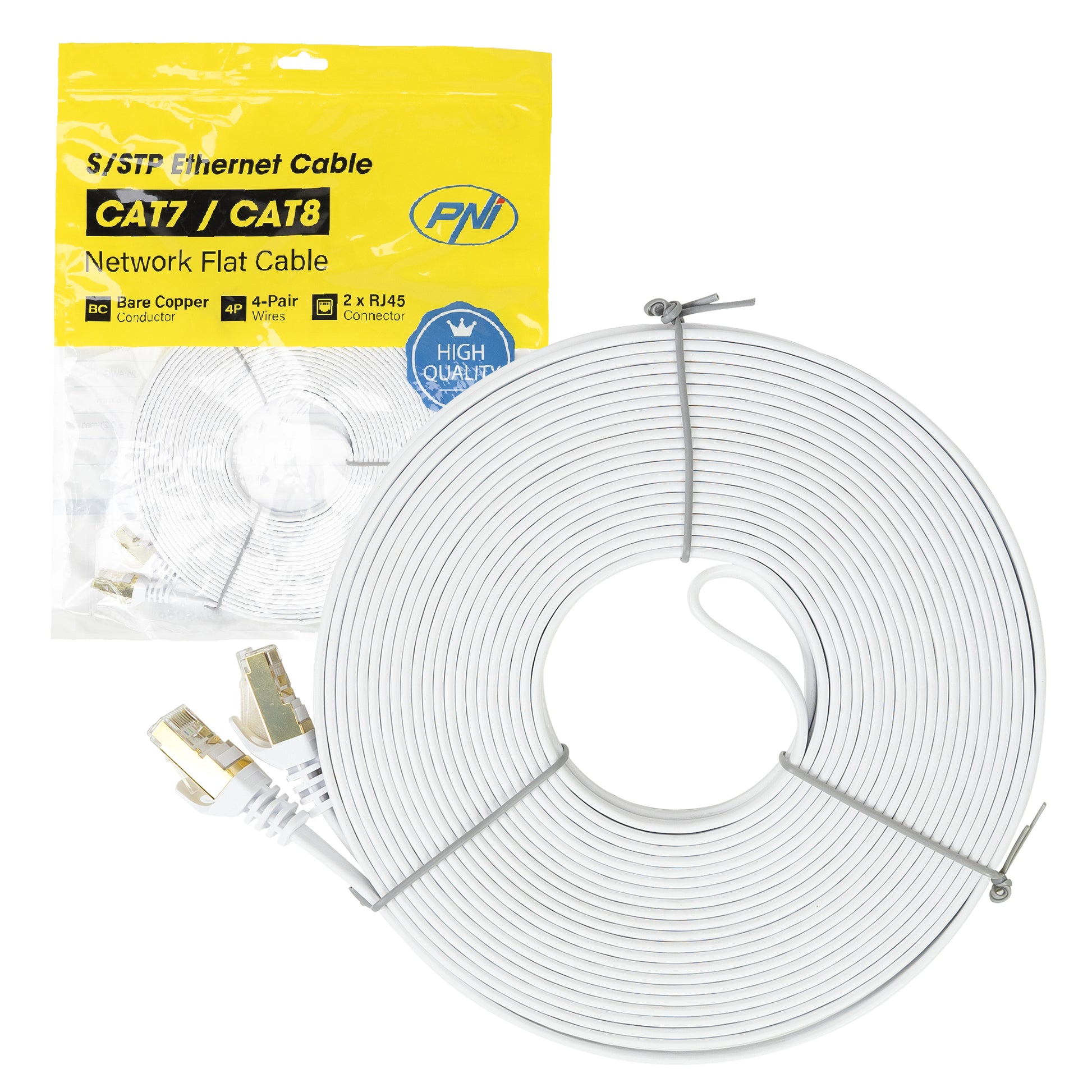 Cablu de retea plat S/STP CAT7 PNI U7150W, 2 x RJ45, 4 perechi de fire, 32AWG, cupru, 10 Gbps, 600 MHz, 15m, alb
