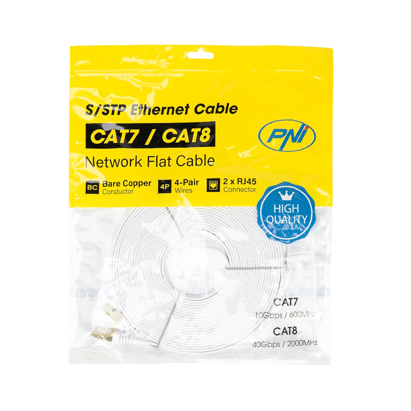 Cablu de retea plat S/STP CAT7 PNI U7150W, 2 x RJ45, 4 perechi de fire, 32AWG, cupru, 10 Gbps, 600 MHz, 15m, alb