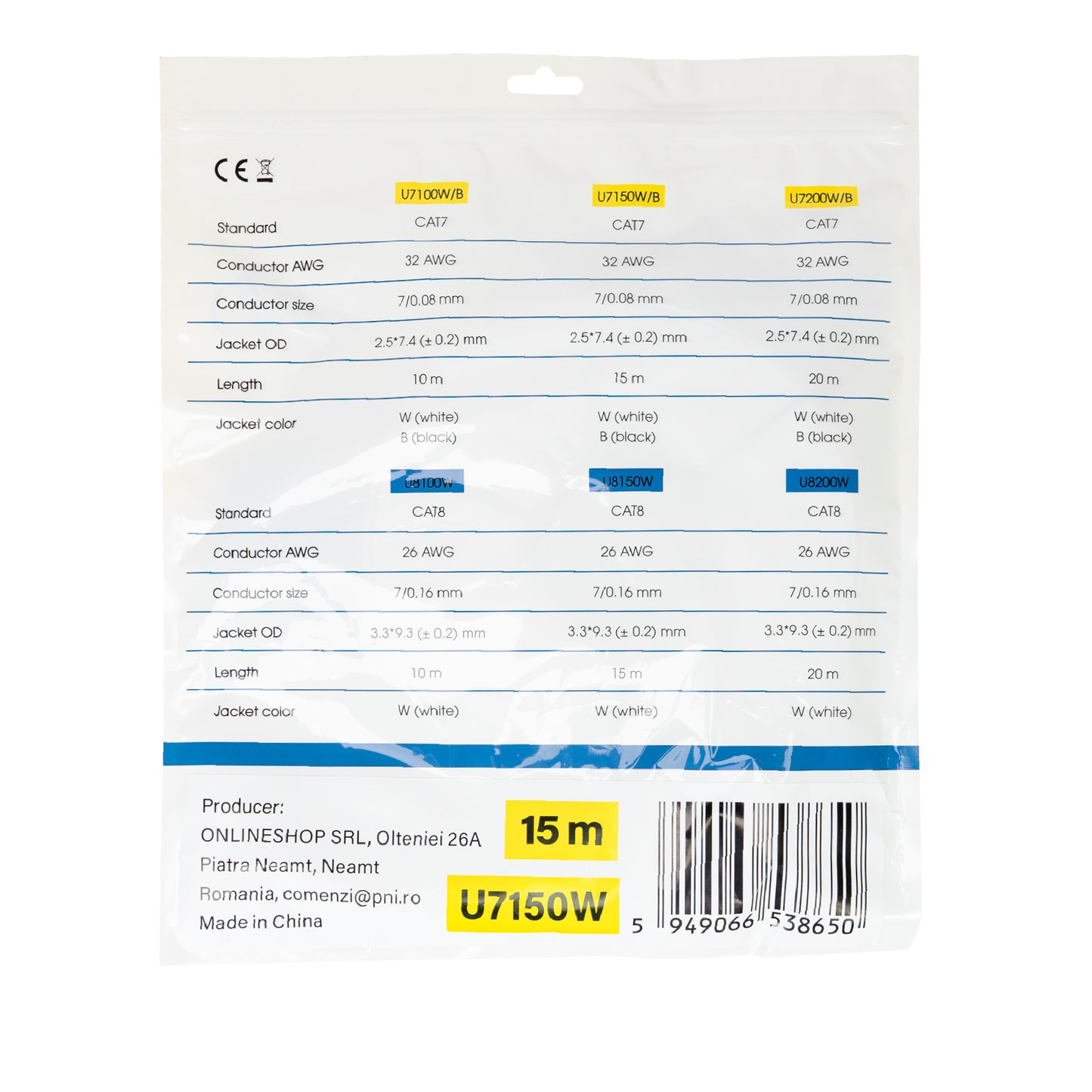 Cablu de retea plat S/STP CAT7 PNI U7150W, 2 x RJ45, 4 perechi de fire, 32AWG, cupru, 10 Gbps, 600 MHz, 15m, alb