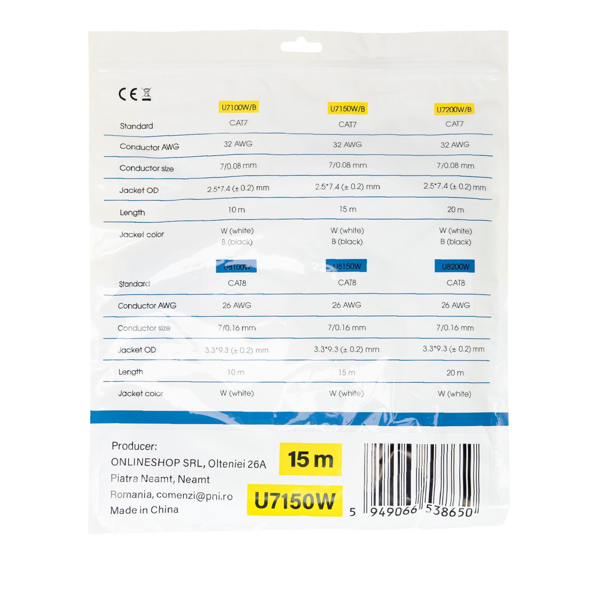 Cablu de retea plat S/STP CAT7 PNI U7150W, 2 x RJ45, 4 perechi de fire, 32AWG, cupru, 10 Gbps, 600 MHz, 15m, alb