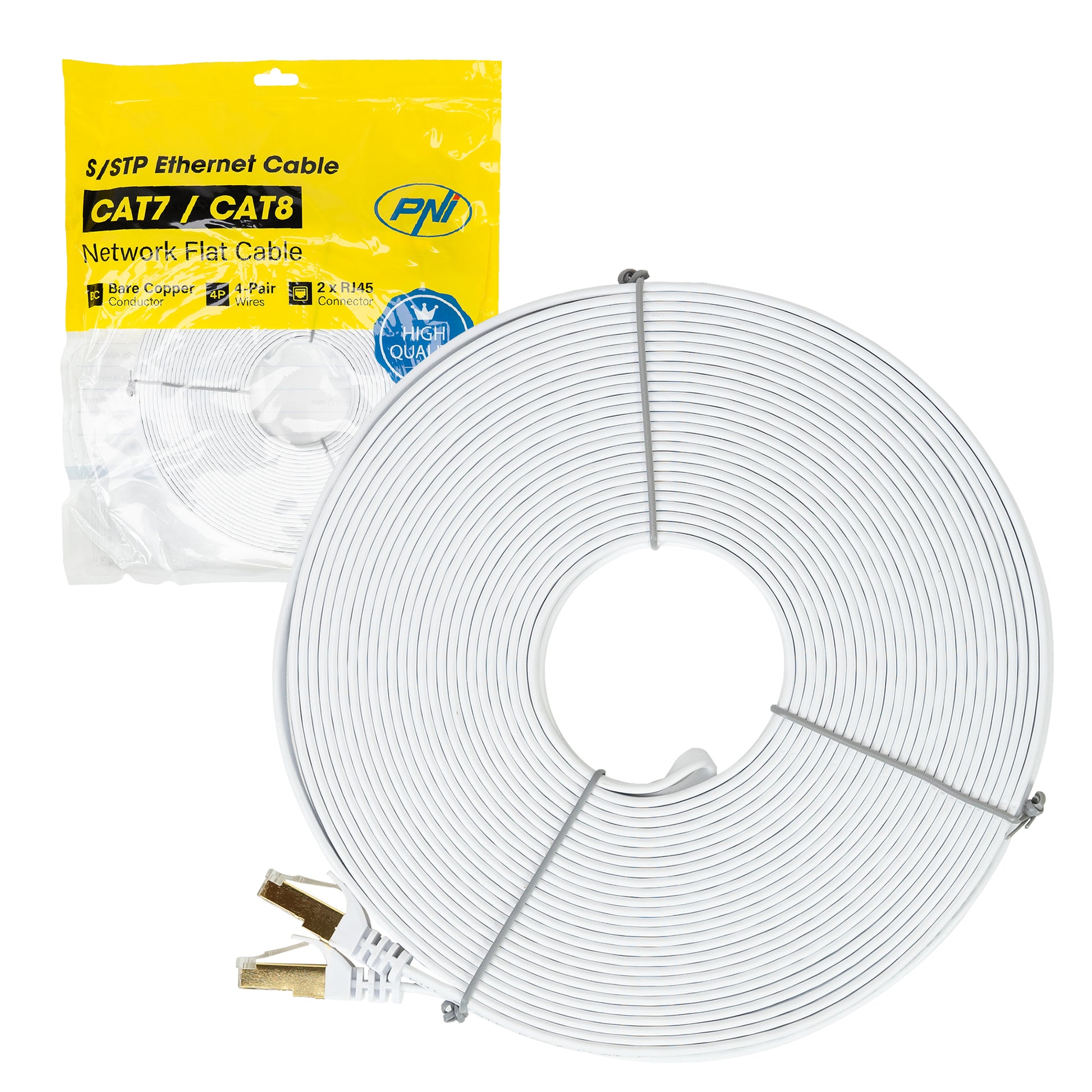 Cablu de retea plat S/STP CAT7 PNI U7200W, 2 x RJ45, 4 perechi de fire, 32AWG, cupru, 10 Gbps, 600 MHz, 20m, alb