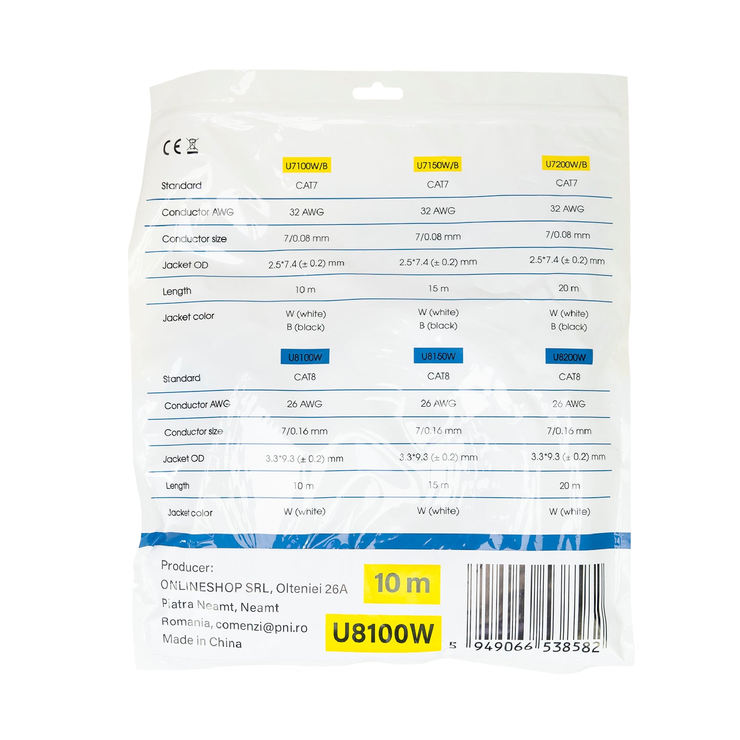 Cablu de retea plat S/STP CAT8 PNI U8100W, 2 x RJ45, 4 perechi de fire, 28AWG, cupru, 40 Gbps, 2000 MHz, 10m, alb