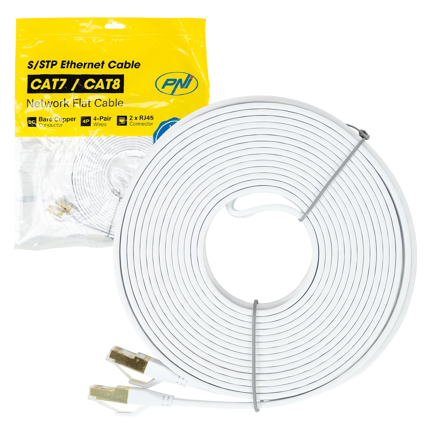 Cablu de retea plat S/STP CAT8 PNI U8100W, 2 x RJ45, 4 perechi de fire, 28AWG, cupru, 40 Gbps, 2000 MHz, 10m, alb