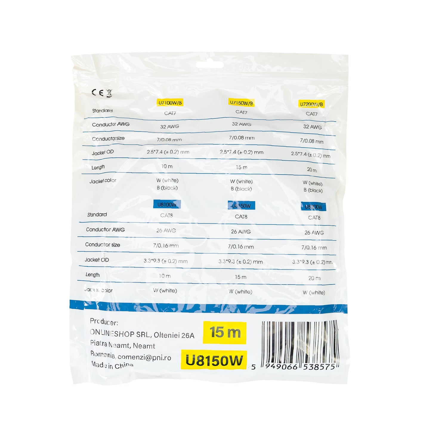 Cablu de retea plat S/STP CAT8 PNI U8150W, 2 x RJ45, 4 perechi de fire, 28AWG, cupru, 40 Gbps, 2000 MHz, 15m, alb