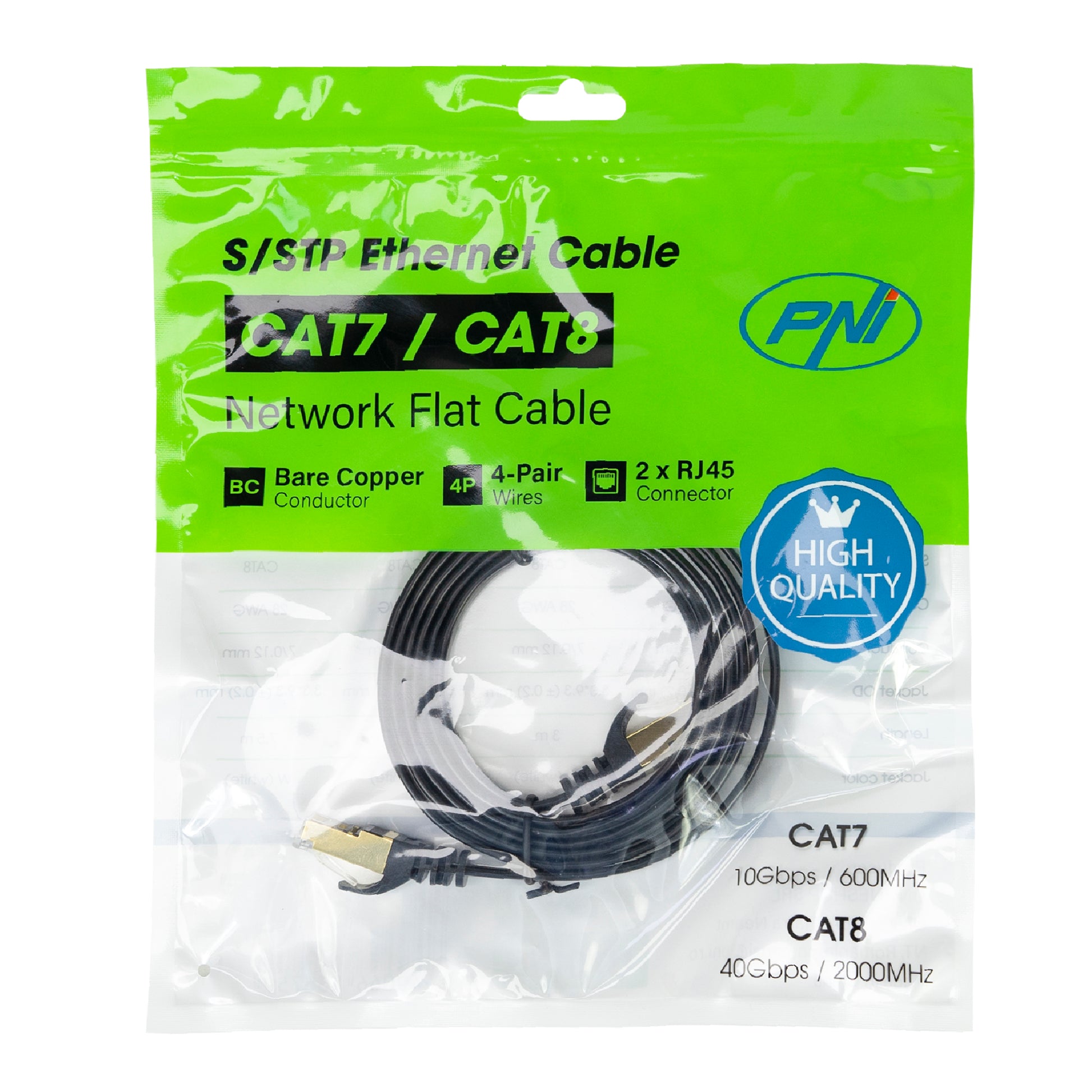 Cablu de retea plat S/STP CAT7 PNI U7015B, Patch, 2 x RJ45, 4 perechi de fire, 32AWG, cupru, 10 Gbps, 600 MHz, 1.5m, negru