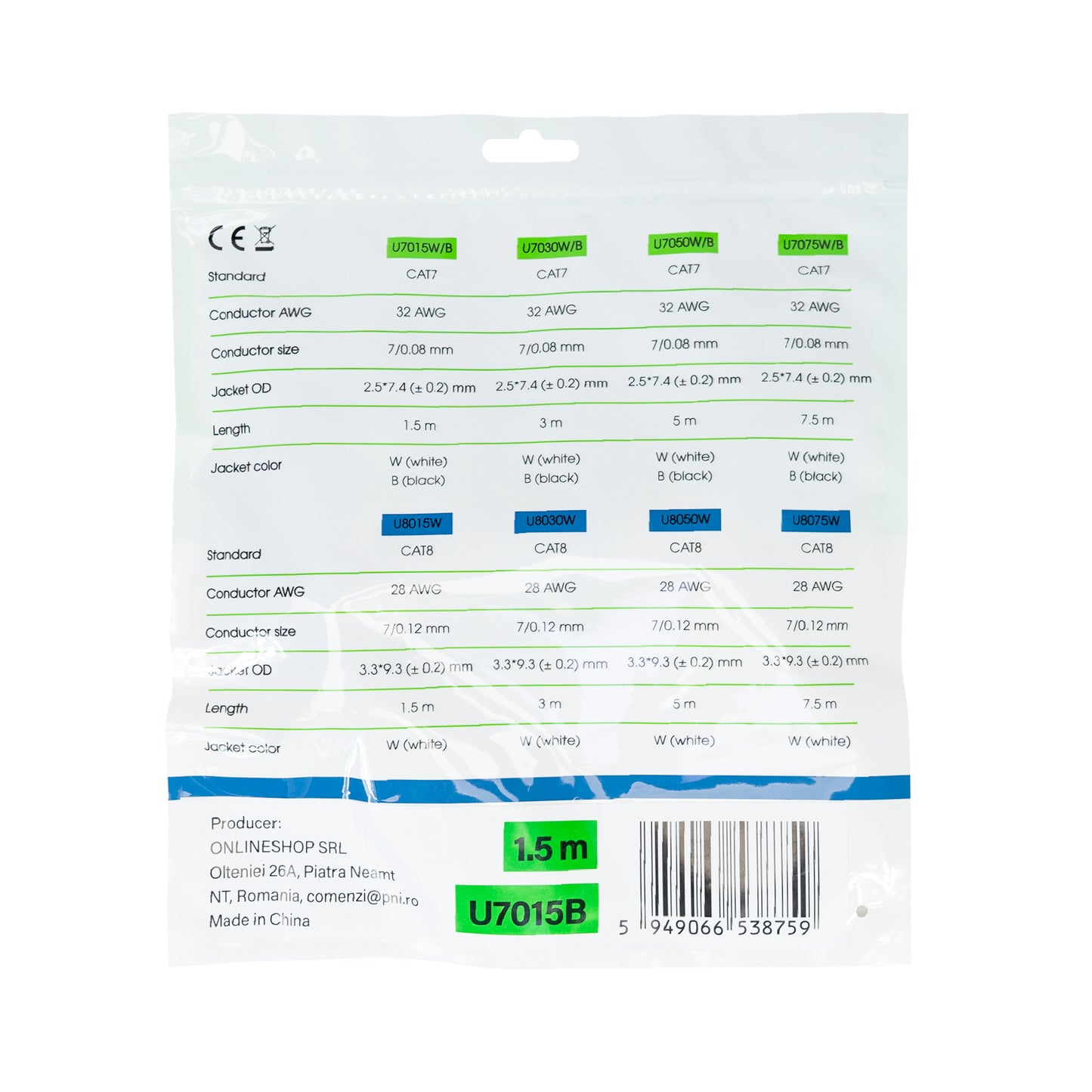 Cablu de retea plat S/STP CAT7 PNI U7015B, Patch, 2 x RJ45, 4 perechi de fire, 32AWG, cupru, 10 Gbps, 600 MHz, 1.5m, negru