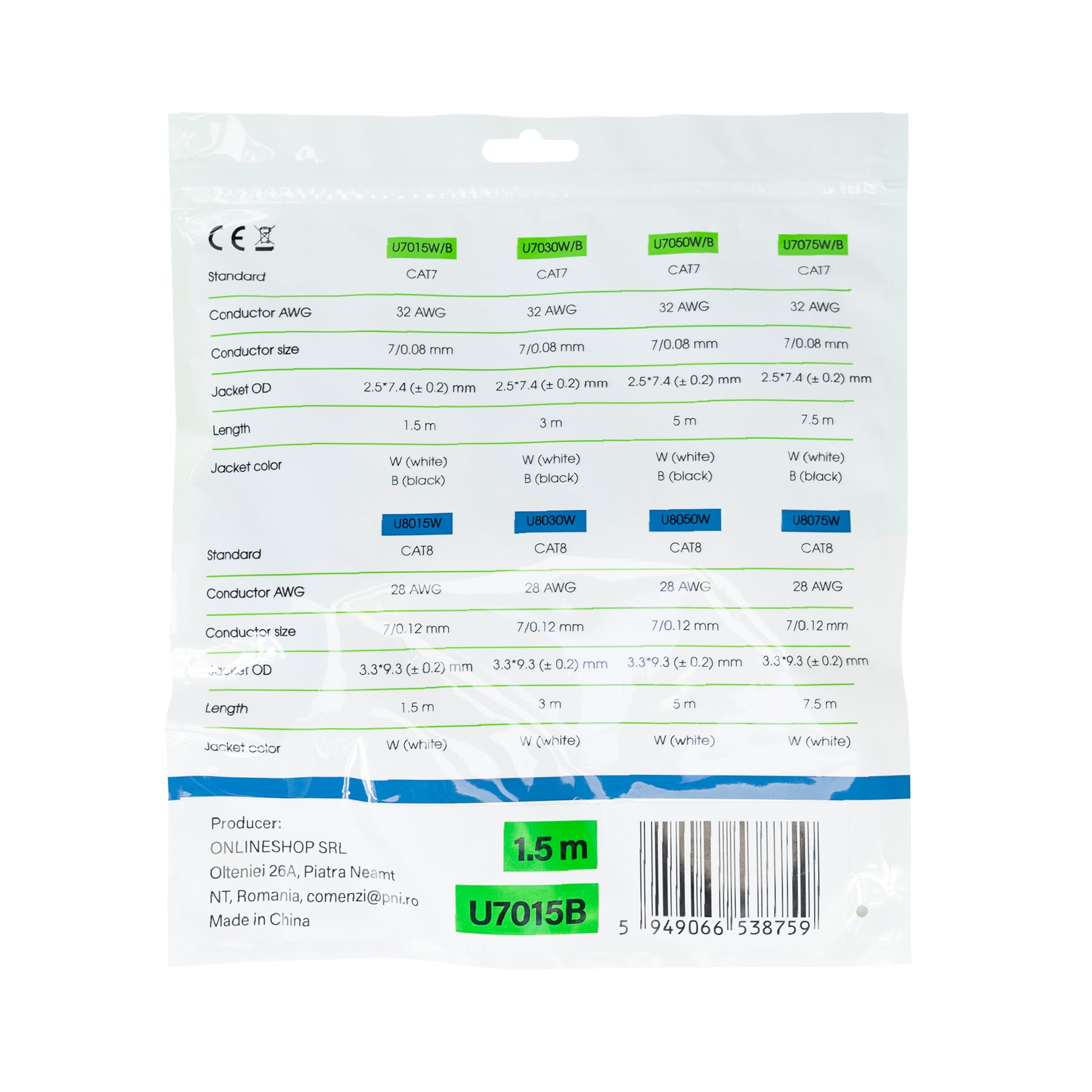 Cablu de retea plat S/STP CAT7 PNI U7015B, Patch, 2 x RJ45, 4 perechi de fire, 32AWG, cupru, 10 Gbps, 600 MHz, 1.5m, negru