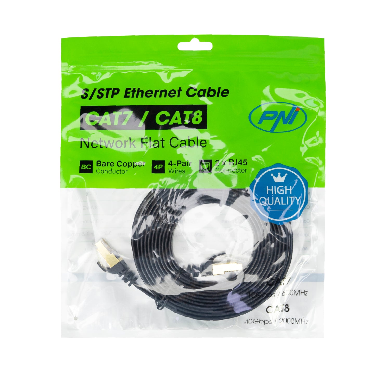 Cablu de retea plat S/STP CAT7 PNI U7030B, 2 x RJ45, 4 perechi de fire, 32AWG, cupru, 10 Gbps, 600 MHz, 3m, negru