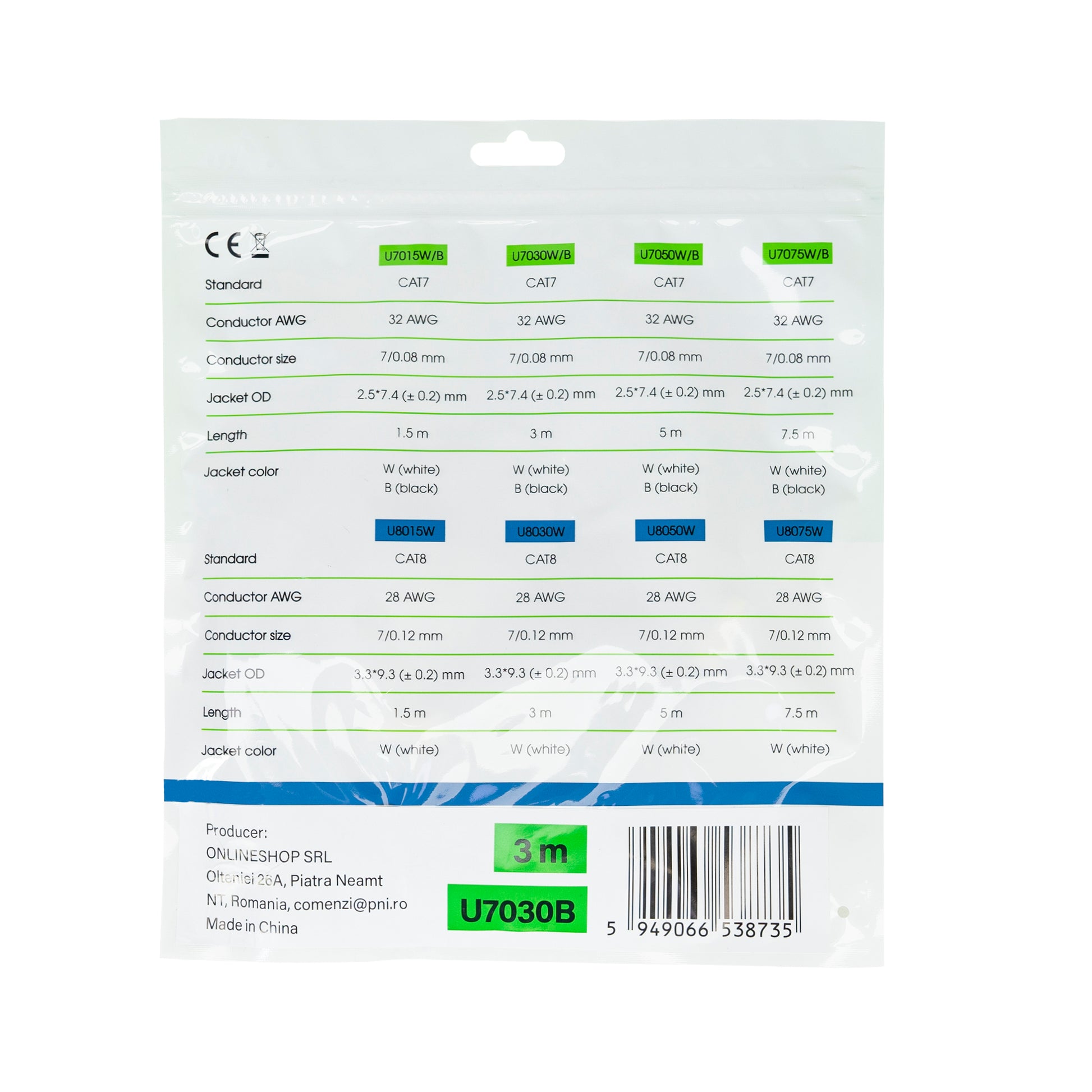 Cablu de retea plat S/STP CAT7 PNI U7030B, 2 x RJ45, 4 perechi de fire, 32AWG, cupru, 10 Gbps, 600 MHz, 3m, negru