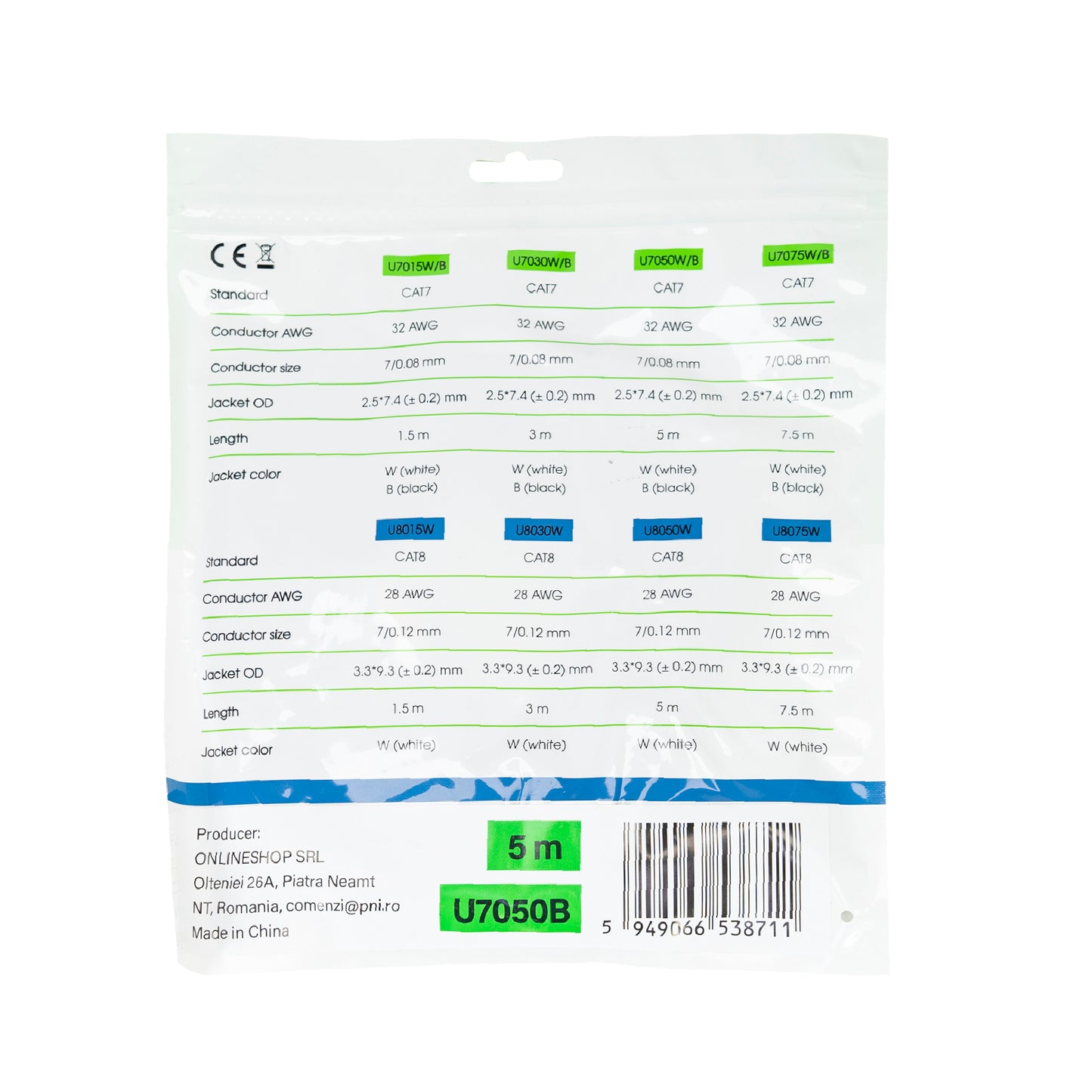 Cablu de retea plat S/STP CAT7 PNI U7050B, 2 x RJ45, 4 perechi de fire, 32AWG, cupru, 10 Gbps, 600 MHz, 5m, negru