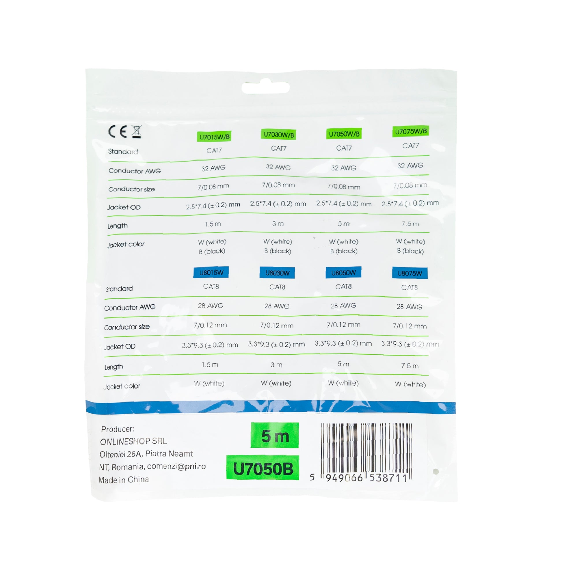 Cablu de retea plat S/STP CAT7 PNI U7050B, 2 x RJ45, 4 perechi de fire, 32AWG, cupru, 10 Gbps, 600 MHz, 5m, negru