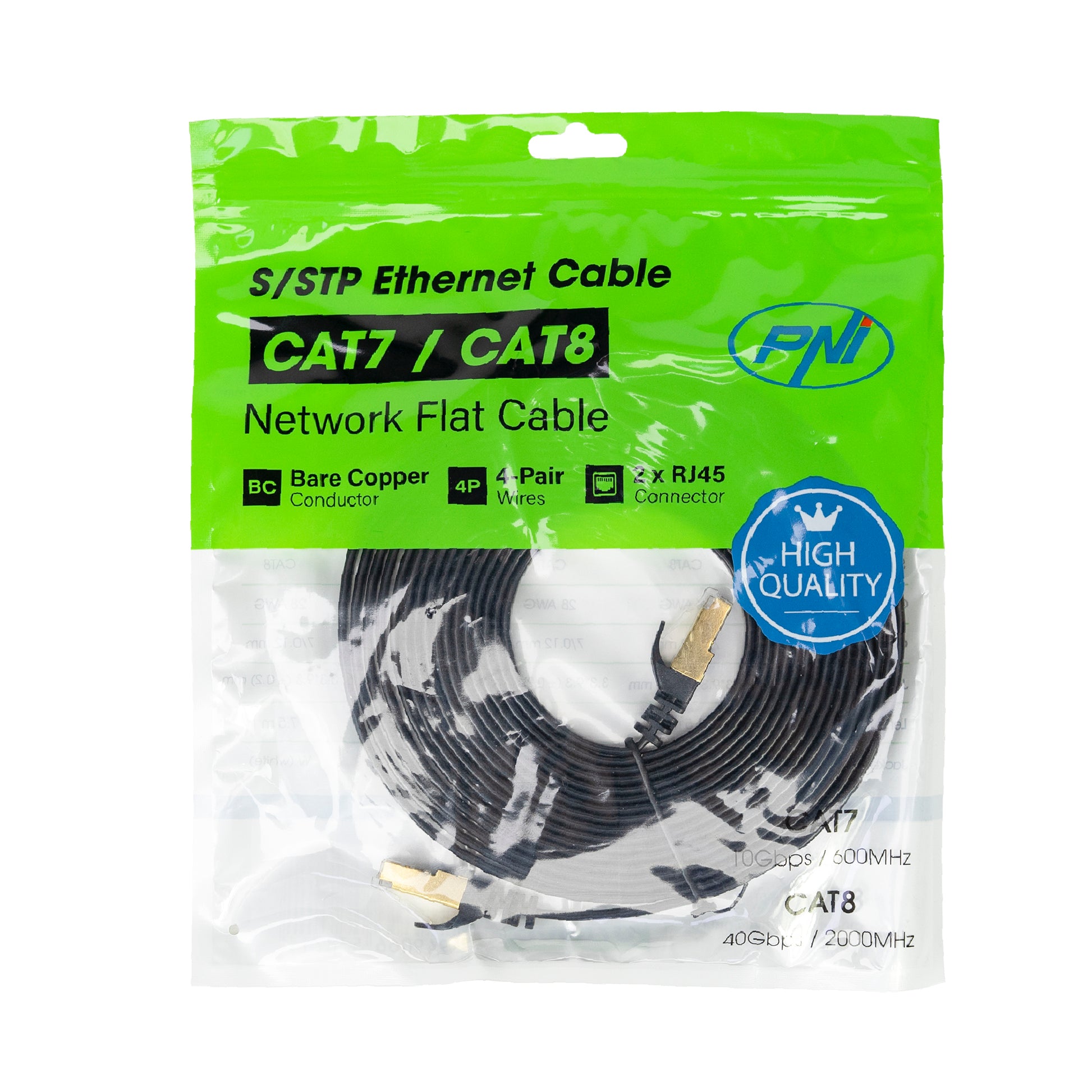 Cablu de retea plat S/STP CAT7 PNI U7050B, 2 x RJ45, 4 perechi de fire, 32AWG, cupru, 10 Gbps, 600 MHz, 5m, negru