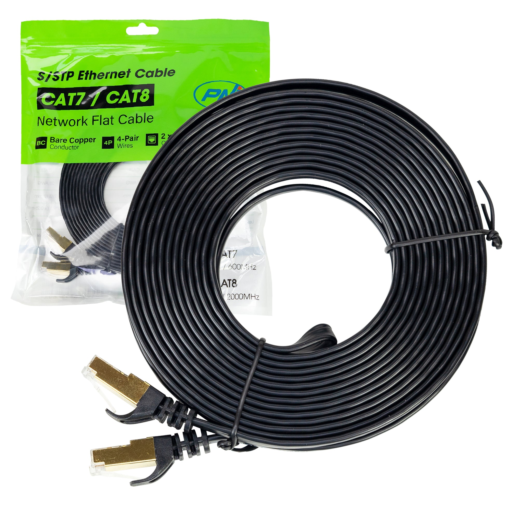 Cablu de retea plat S/STP CAT7 PNI U7075B, 2 x RJ45, 4 perechi de fire, 32AWG, cupru, 10 Gbps, 600 MHz, 7.5m, negru
