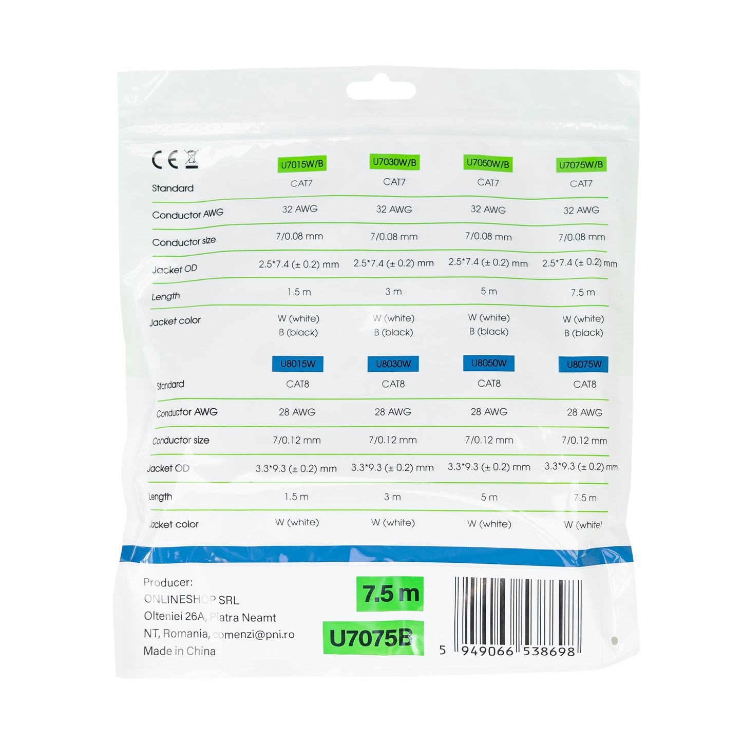 Cablu de retea plat S/STP CAT7 PNI U7075B, 2 x RJ45, 4 perechi de fire, 32AWG, cupru, 10 Gbps, 600 MHz, 7.5m, negru