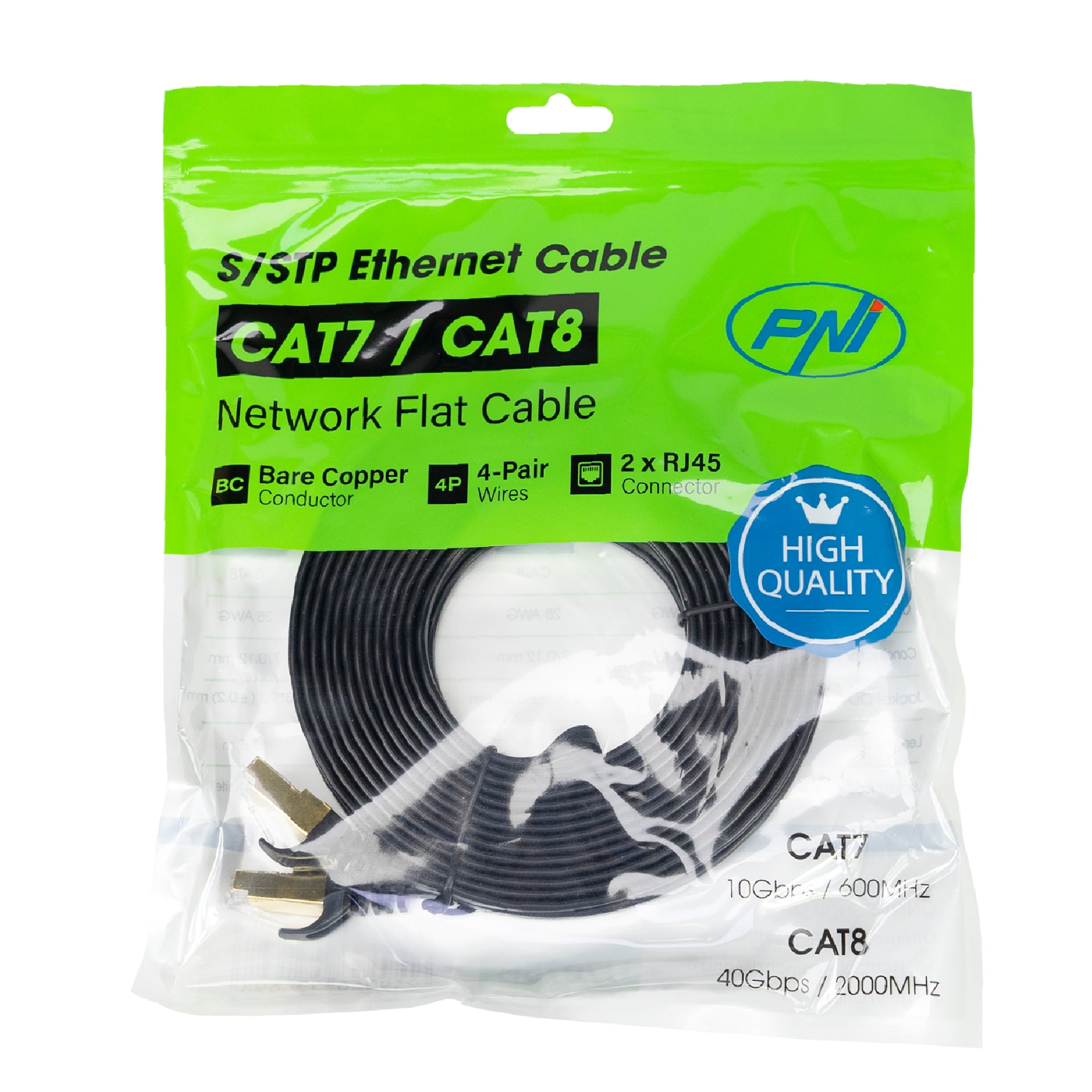 Cablu de retea plat S/STP CAT7 PNI U7075B, 2 x RJ45, 4 perechi de fire, 32AWG, cupru, 10 Gbps, 600 MHz, 7.5m, negru