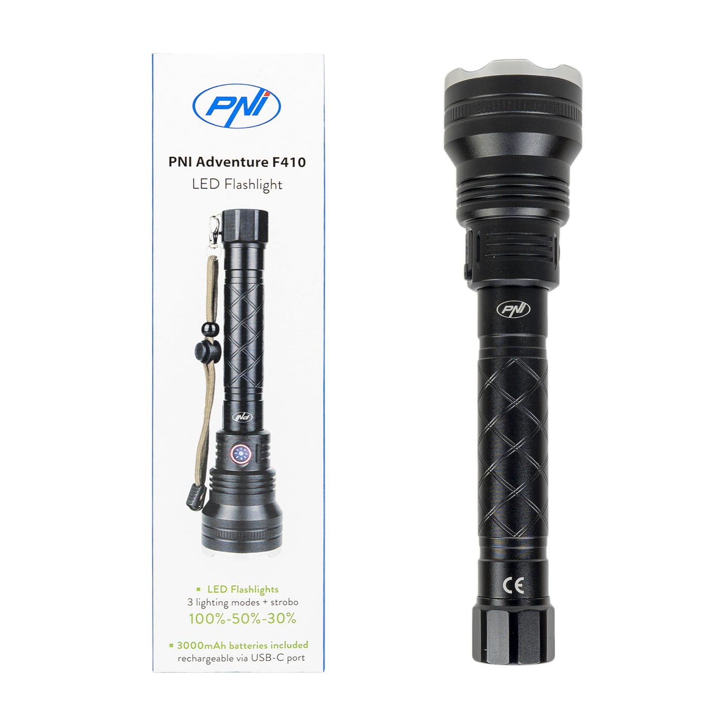 Lanterna PNI Adventure F410 din aluminiu, cu LED 10W, 700 lumeni, pana la 250 m, IP44, USB Tip C, acumulatori 3000mAh inclusi