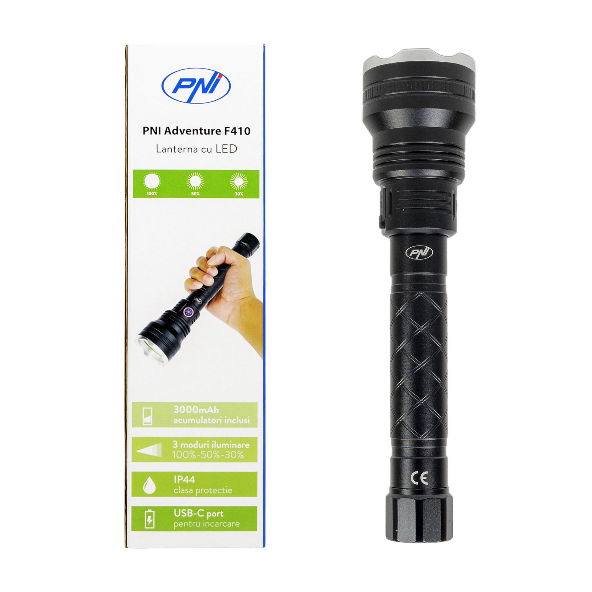 Lanterna PNI Adventure F410 din aluminiu, cu LED 10W, 700 lumeni, pana la 250 m, IP44, USB Tip C, acumulatori 3000mAh inclusi