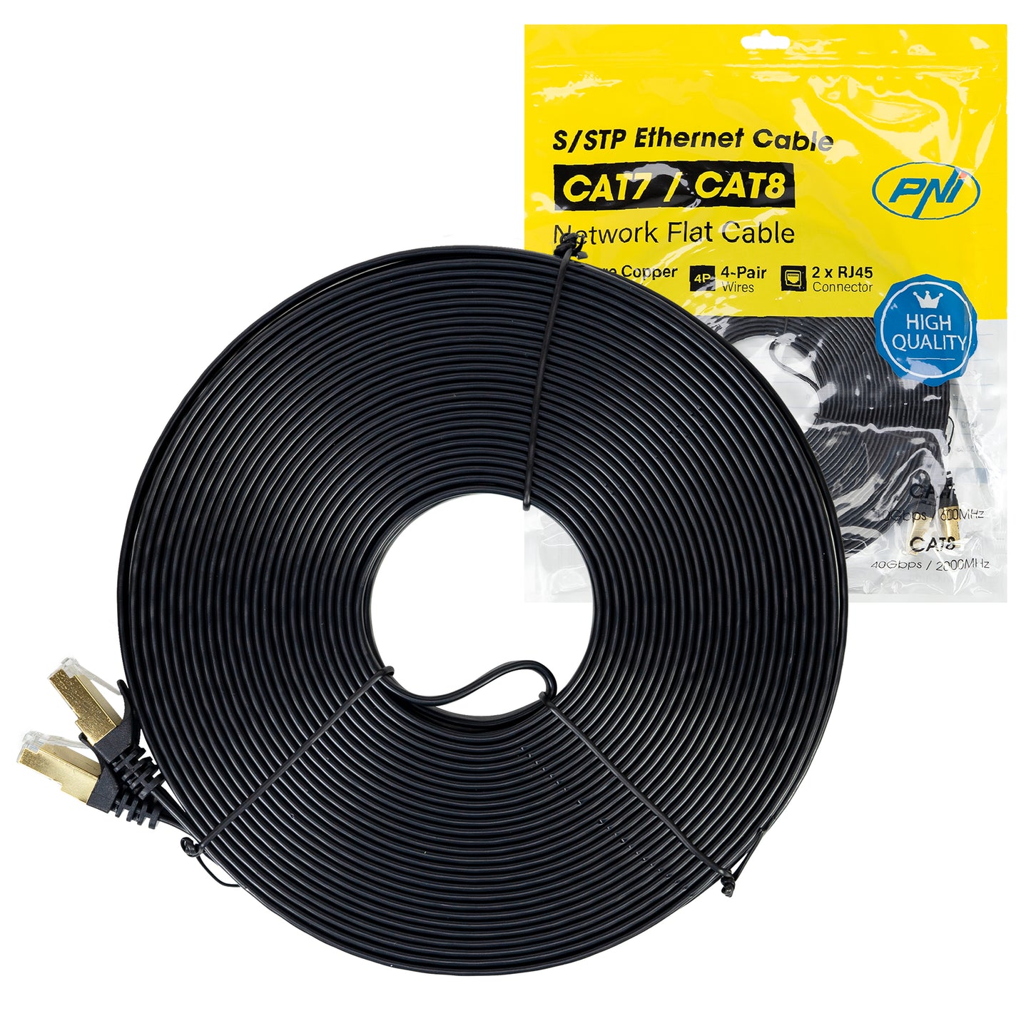 Cablu de retea plat S/STP CAT7 PNI U7200B, 2 x RJ45, 4 perechi de fire, 32AWG, cupru, 10 Gbps, 600 MHz, 20m, negru