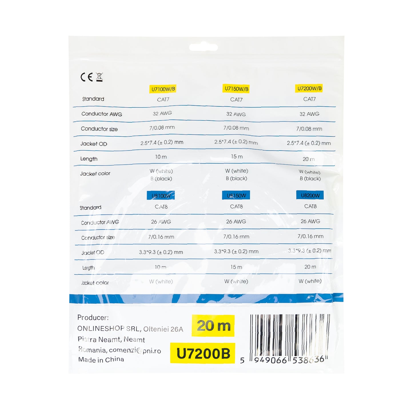 Cablu de retea plat S/STP CAT7 PNI U7200B, 2 x RJ45, 4 perechi de fire, 32AWG, cupru, 10 Gbps, 600 MHz, 20m, negru