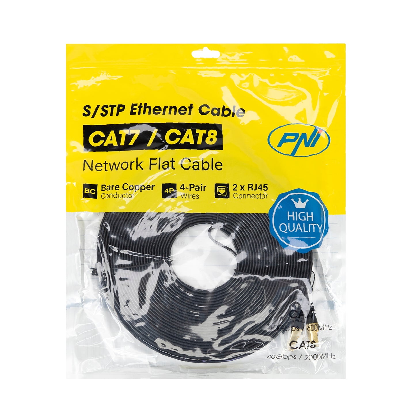 Cablu de retea plat S/STP CAT7 PNI U7200B, 2 x RJ45, 4 perechi de fire, 32AWG, cupru, 10 Gbps, 600 MHz, 20m, negru