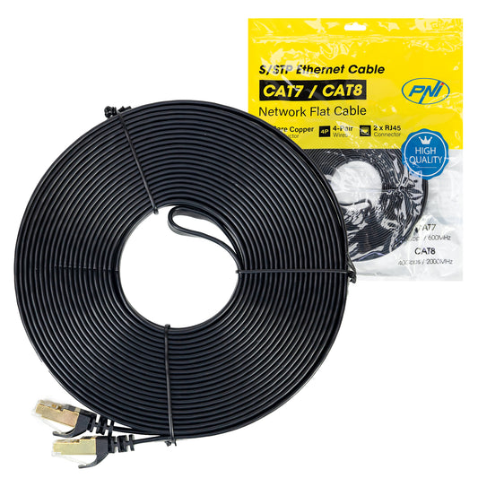 Cablu de retea plat S/STP CAT7 PNI U7150B, 2 x RJ45, 4 perechi de fire, 32AWG, cupru, 10 Gbps, 600 MHz, 15m, negru