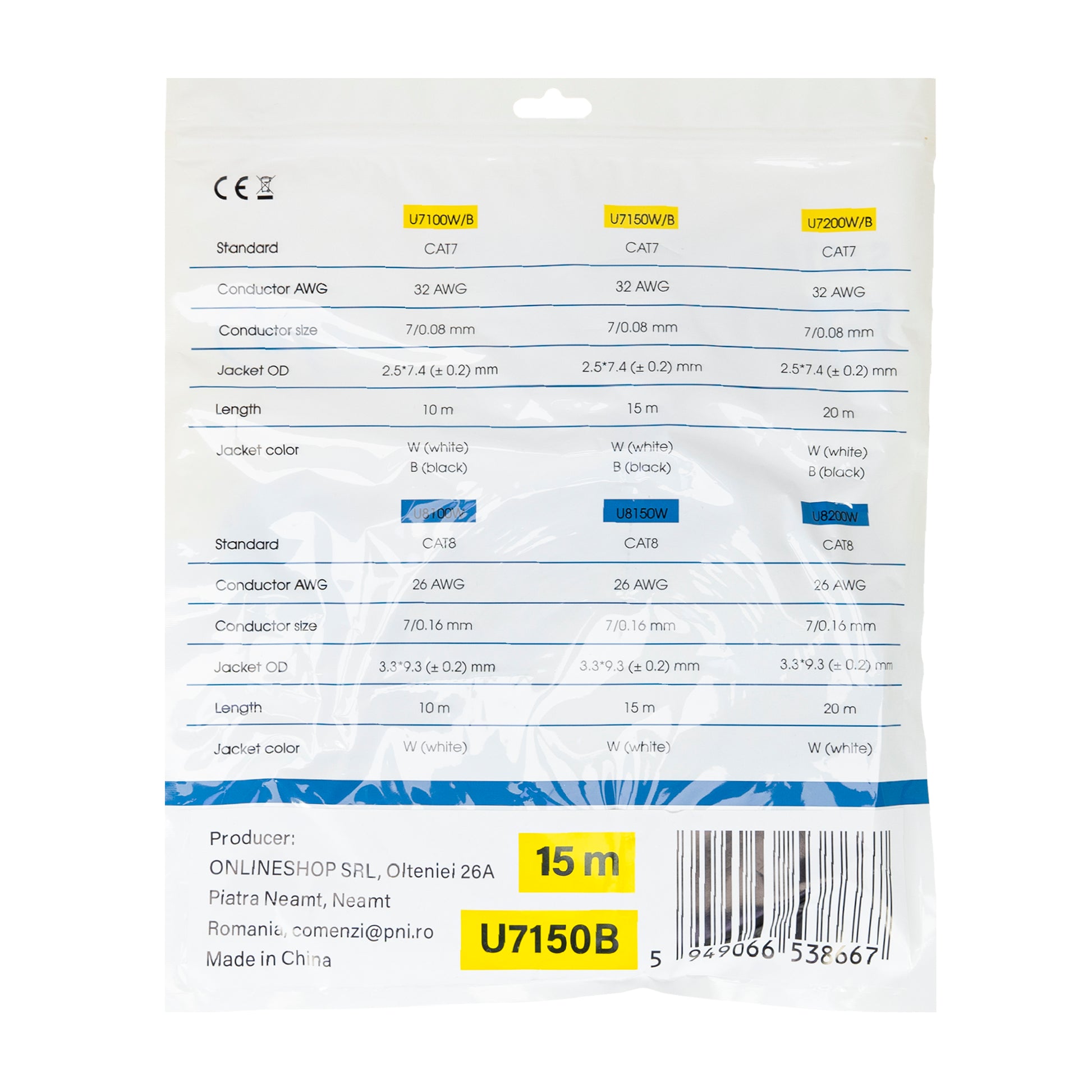 Cablu de retea plat S/STP CAT7 PNI U7150B, 2 x RJ45, 4 perechi de fire, 32AWG, cupru, 10 Gbps, 600 MHz, 15m, negru