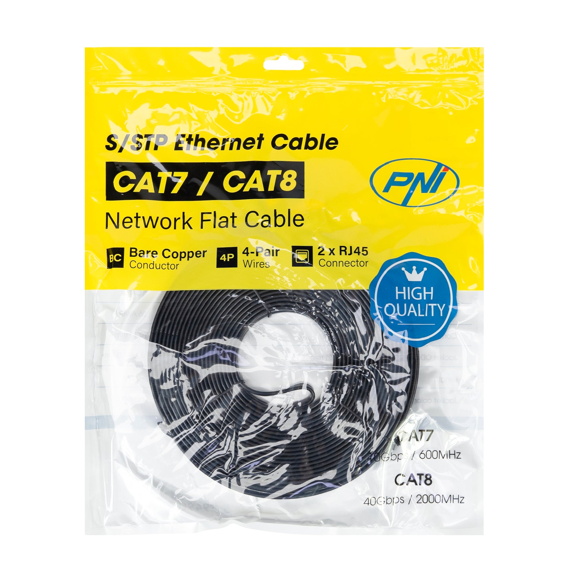 Cablu de retea plat S/STP CAT7 PNI U7150B, 2 x RJ45, 4 perechi de fire, 32AWG, cupru, 10 Gbps, 600 MHz, 15m, negru