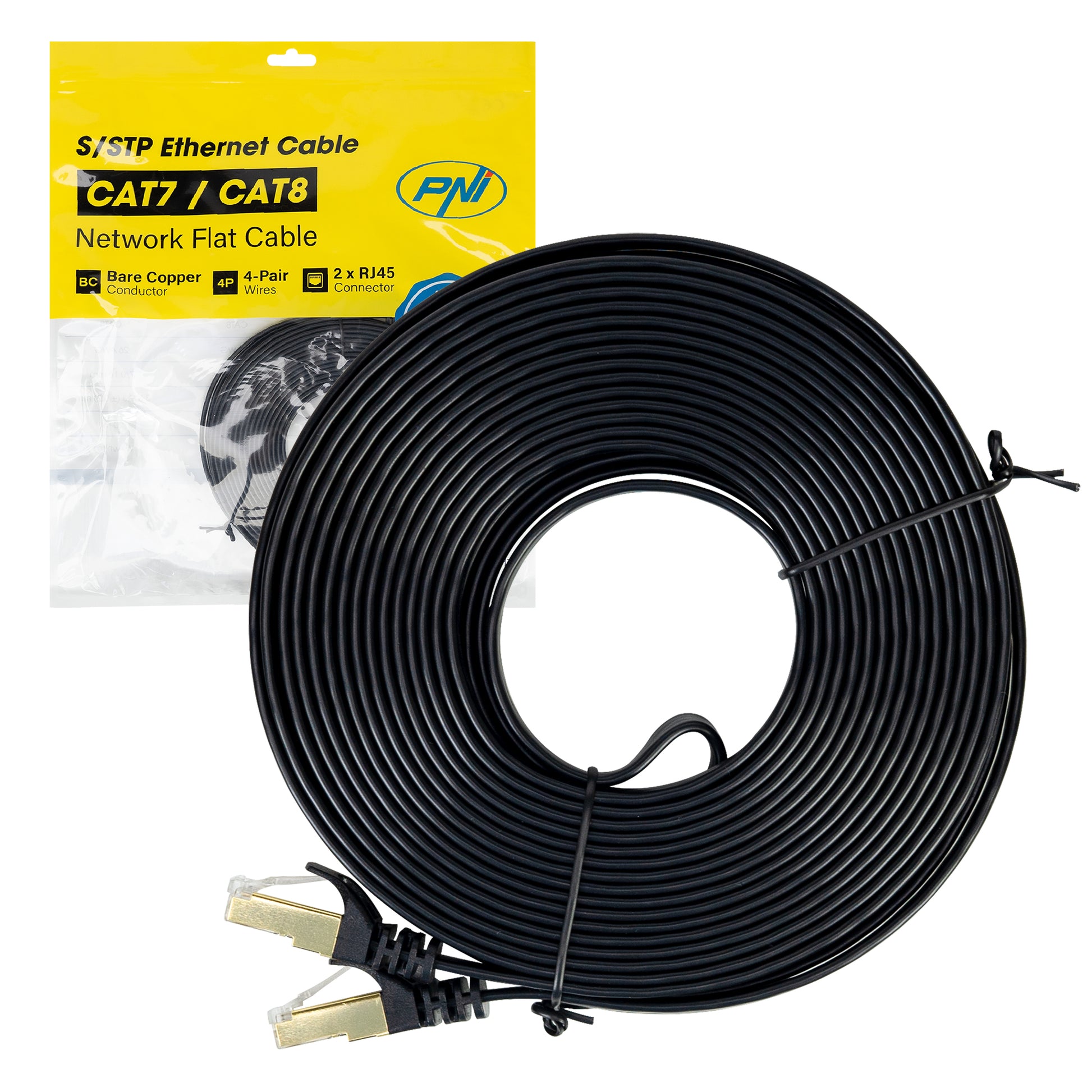 Cablu de retea plat S/STP CAT7 PNI U7100B, 2 x RJ45, 4 perechi de fire, 32AWG, cupru, 10 Gbps, 600 MHz, 10m, negru