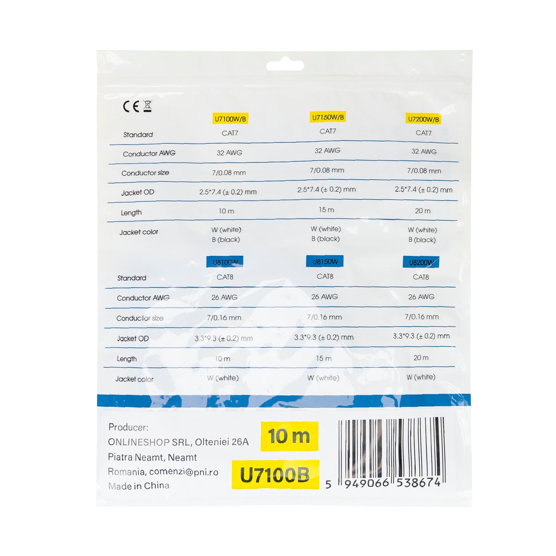 Cablu de retea plat S/STP CAT7 PNI U7100B, 2 x RJ45, 4 perechi de fire, 32AWG, cupru, 10 Gbps, 600 MHz, 10m, negru