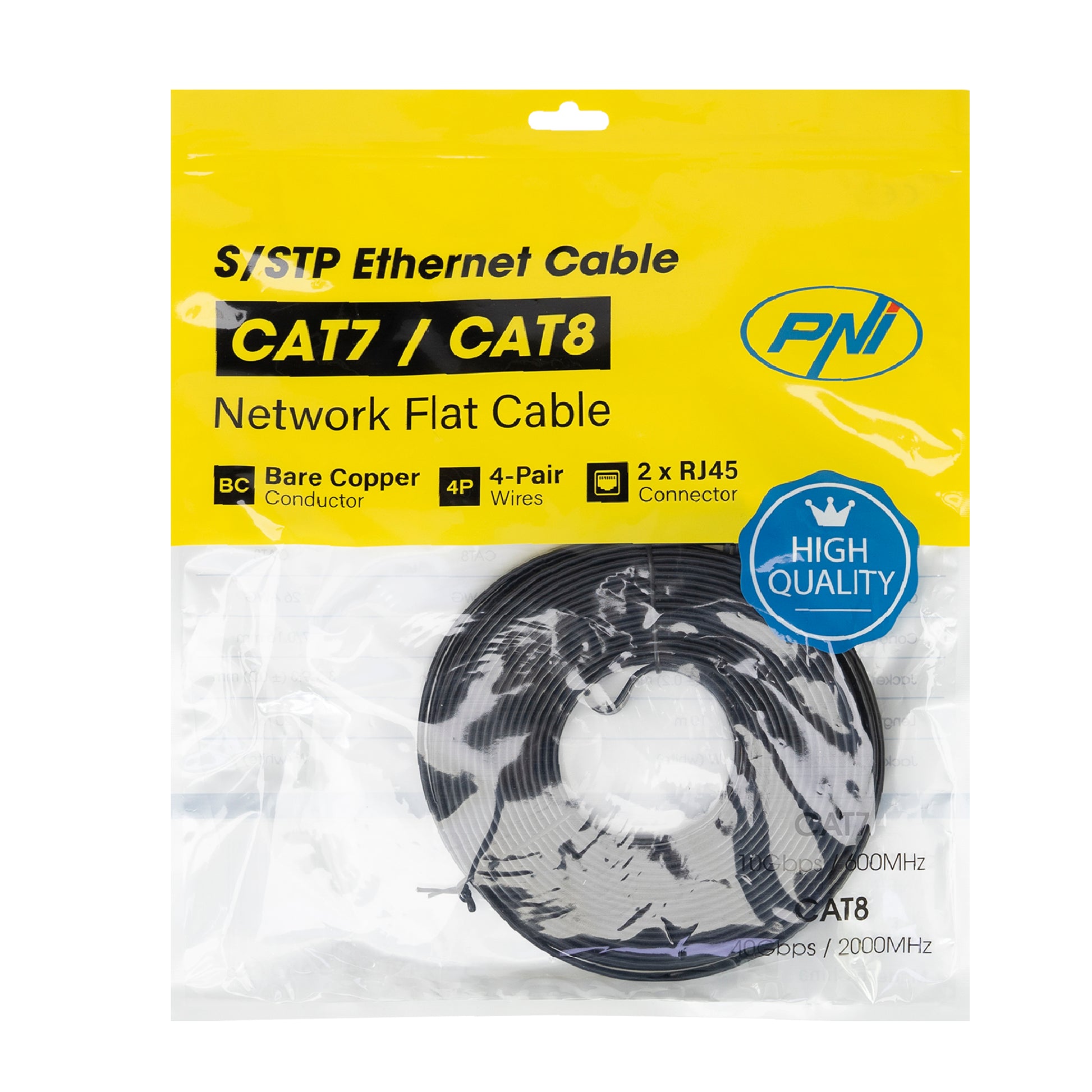 Cablu de retea plat S/STP CAT7 PNI U7100B, 2 x RJ45, 4 perechi de fire, 32AWG, cupru, 10 Gbps, 600 MHz, 10m, negru