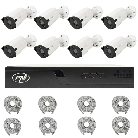 Pachet supraveghere video NVR POE PNI House IP716J, 8 camere PNI IP818J 8MP si 8 cabluri UTP CAT6 20 metri incluse