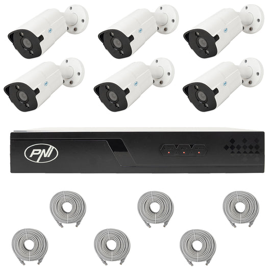 Pachet supraveghere video NVR POE PNI House IP716J, 6 camere PNI IP818J 8MP si 6 cabluri UTP CAT6 20 metri incluse