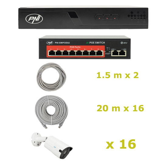 Pachet supraveghere video NVR POE PNI House IP716J, 16 camere PNI IP818J 8MP, switch POE si cabluri UTP CAT6 metri incluse