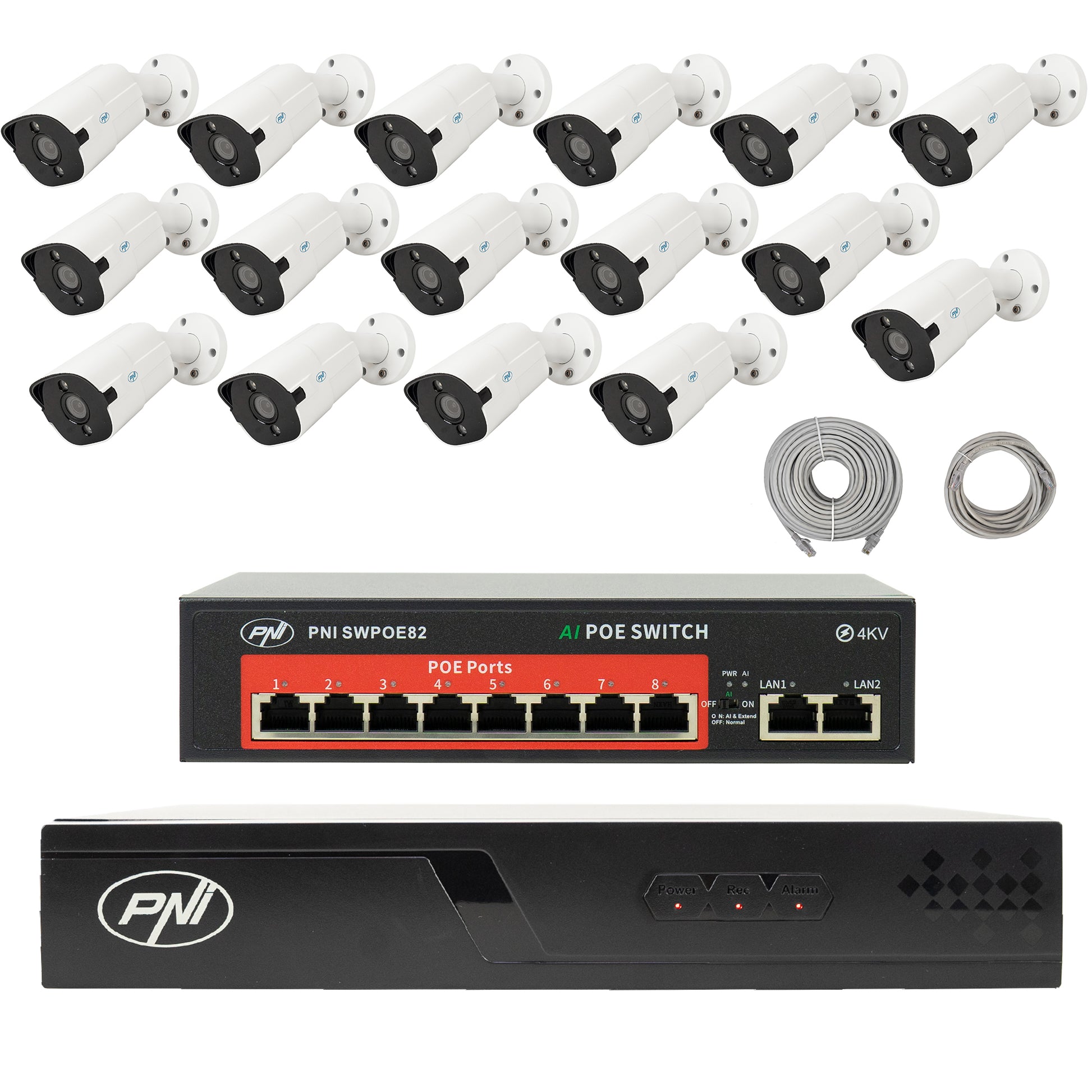 Pachet supraveghere video NVR POE PNI House IP716J, 16 camere PNI IP818J 8MP, switch POE si cabluri UTP CAT6 metri incluse