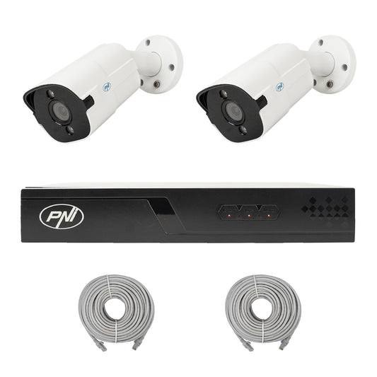 Pachet supraveghere video NVR POE PNI House IP710J, 2 camere PNI IP818J 8MP si 2 cabluri UTP CAT6 20 metri incluse