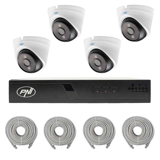 Pachet supraveghere video NVR POE PNI House IP710J, 4 camere PNI IP808J 8MP si 4 cabluri UTP CAT6 20 metri incluse