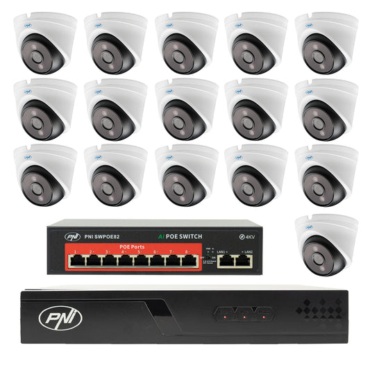 Pachet supraveghere video NVR POE PNI House IP716J, 16 camere PNI IP808J 8MP, switch POE si cabluri UTP CAT6 incluse