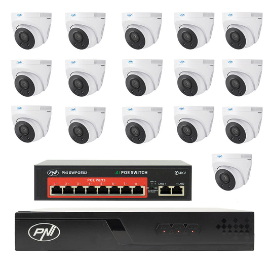 Pachet supraveghere video NVR POE PNI House IP716J, 16 camere PNI IP505J, 5MP, switch POE si cabluri UTP CAT6 incluse