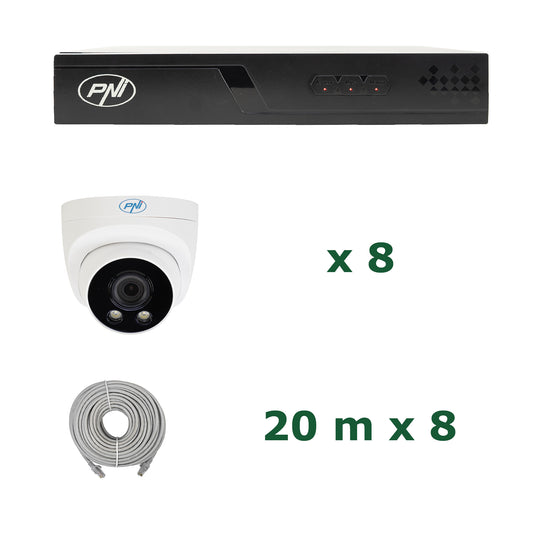 Pachet supraveghere video NVR POE PNI House IP716J, 8 camere PNI IP505J, 5MP si cabluri UTP CAT6 20 metri incluse